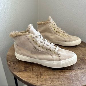 Superga Beige High-Top Sneakers with Fur Trim